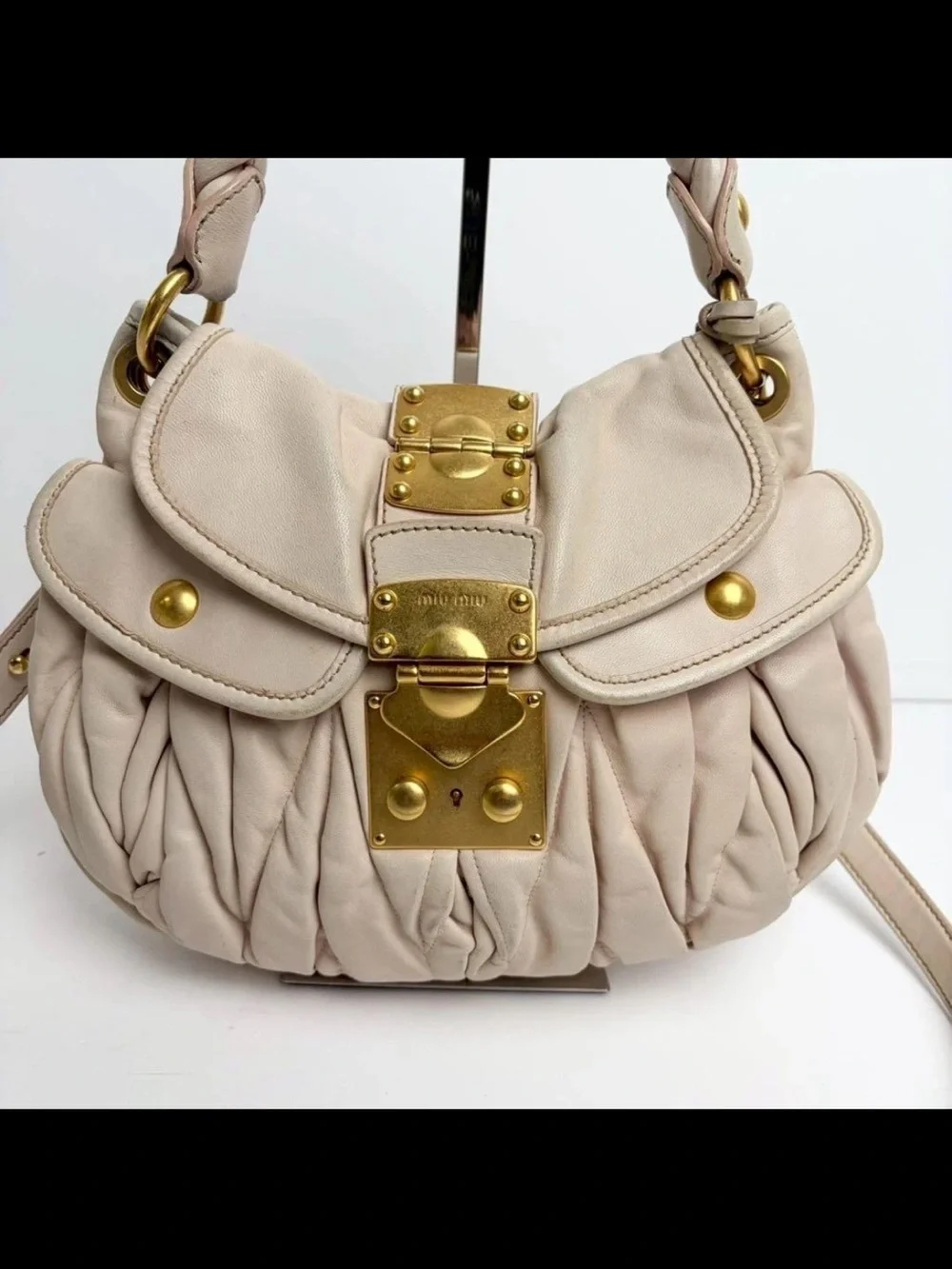 Miu Miu Ivory Leather Braided-Handle Shoulder Bag with Gold Hardware